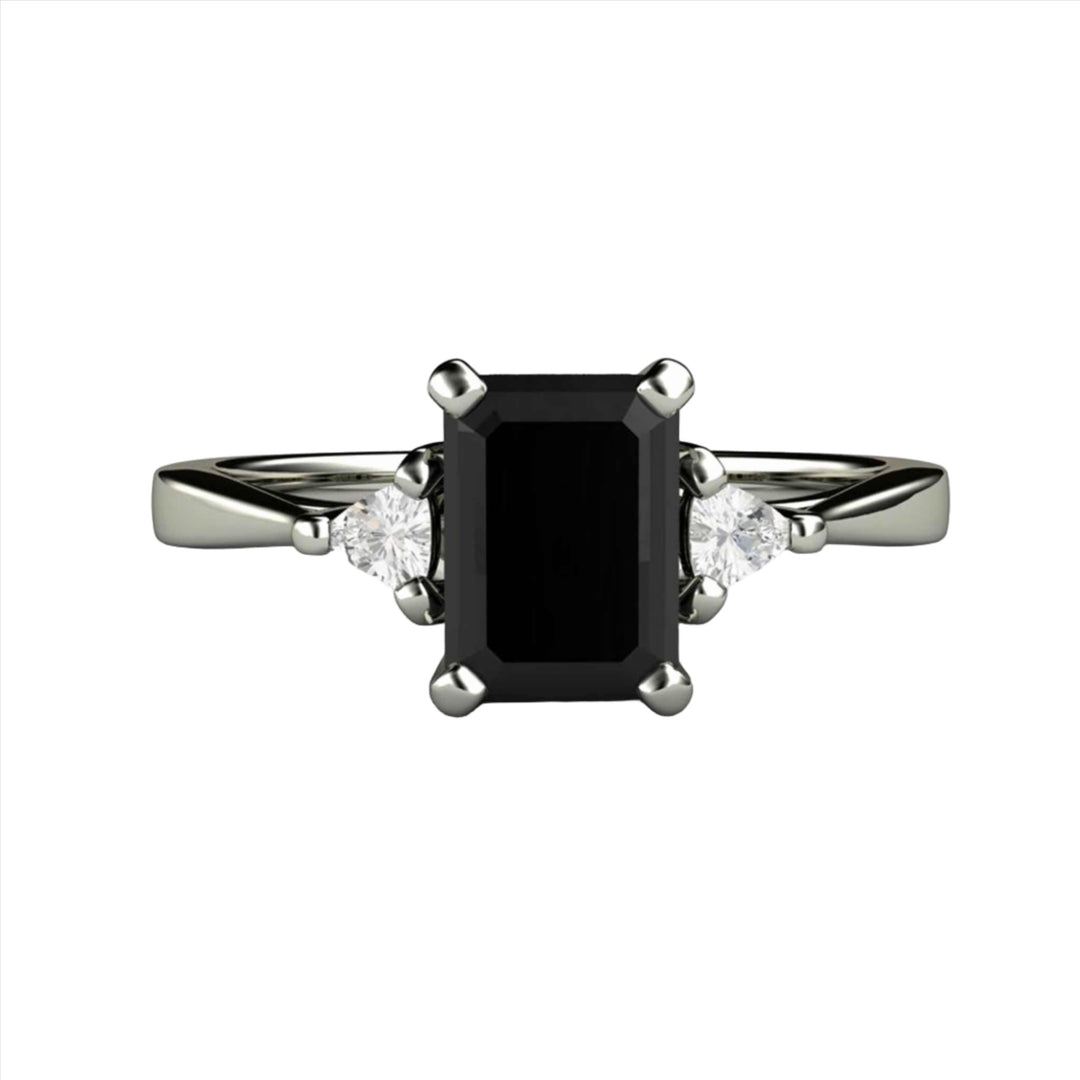 Natural Black Diamond Engagement Ring Emerald Cut Three Stone with Diamond Trillions, Rare Earth Jewelry