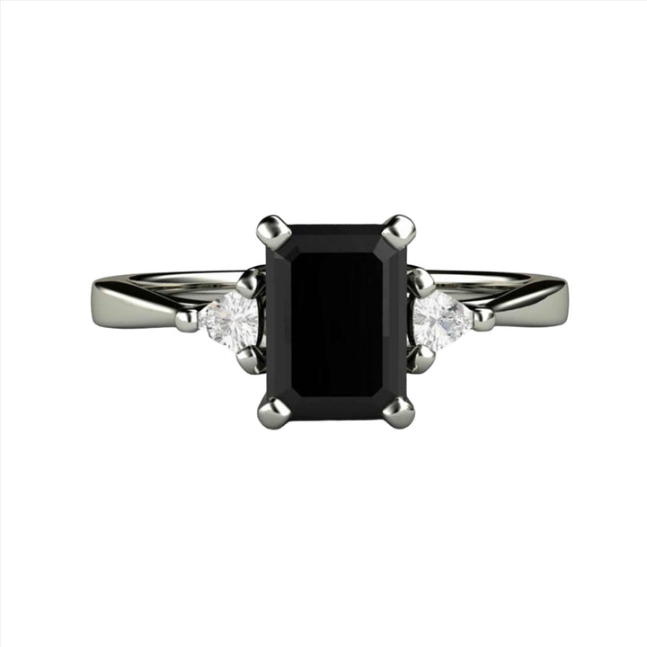 Natural Black Diamond Engagement Ring Emerald Cut Three Stone with Diamond Trillions, Rare Earth Jewelry