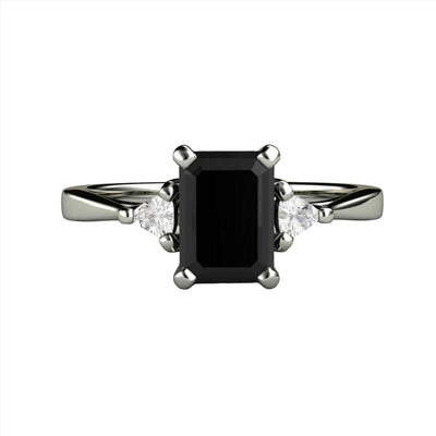 Natural Black Diamond Engagement Ring Emerald Cut Three Stone with Diamond Trillions 14K White Gold - Rare Earth Jewelry