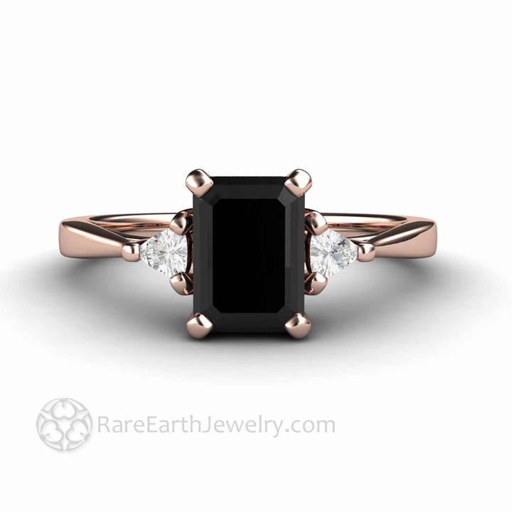 Natural Black Diamond Engagement Ring Emerald Cut Three Stone with Diamond Trillions, Rare Earth Jewelry