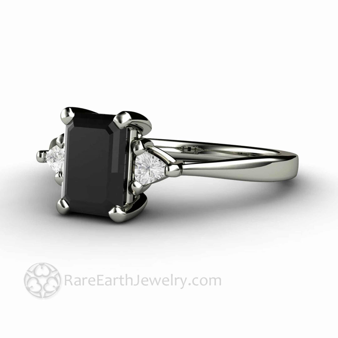 Natural Black Diamond Engagement Ring Emerald Cut Three Stone with Diamond Trillions, Rare Earth Jewelry