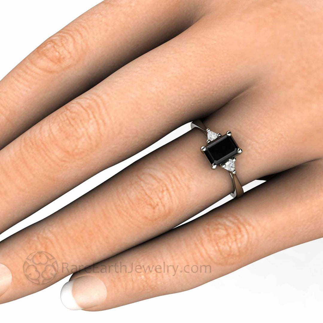 Natural Black Diamond Engagement Ring Emerald Cut Three Stone with Diamond Trillions, Rare Earth Jewelry