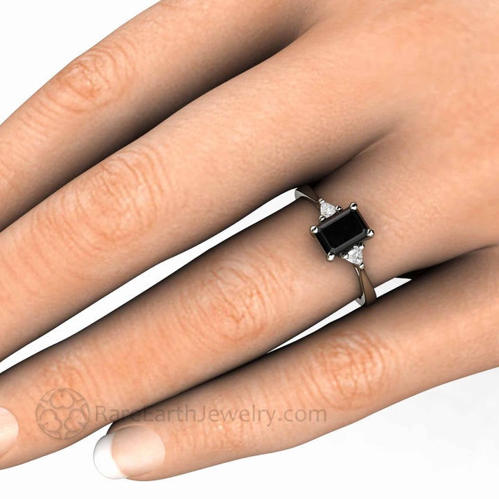 Natural Black Diamond Engagement Ring Emerald Cut Three Stone with Diamond Trillions, Rare Earth Jewelry