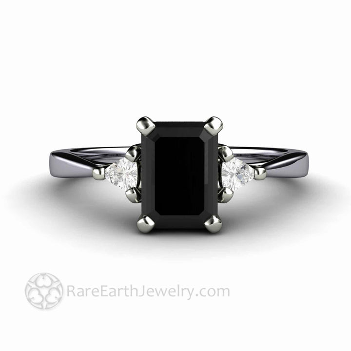 Natural Black Diamond Engagement Ring Emerald Cut Three Stone with Diamond Trillions, Rare Earth Jewelry