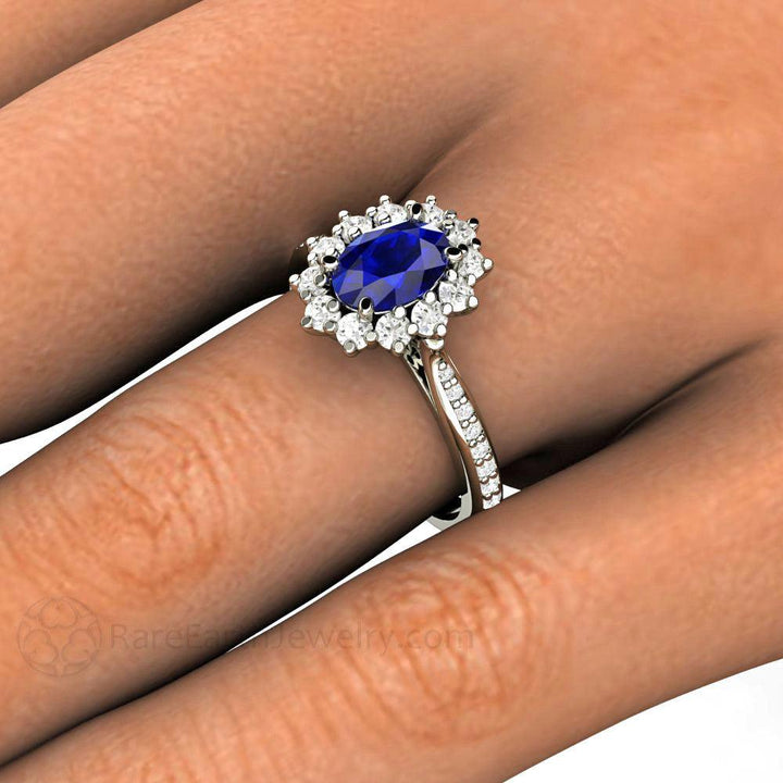 Natural Oval Blue Sapphire Engagement Ring Diamond Halo and Accents, Rare Earth Jewelry