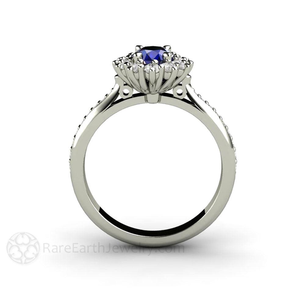 Natural Oval Blue Sapphire Engagement Ring Diamond Halo and Accents, Rare Earth Jewelry