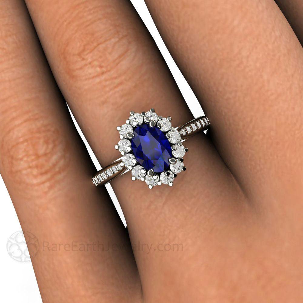 Natural Oval Blue Sapphire Engagement Ring Diamond Halo and Accents, Rare Earth Jewelry