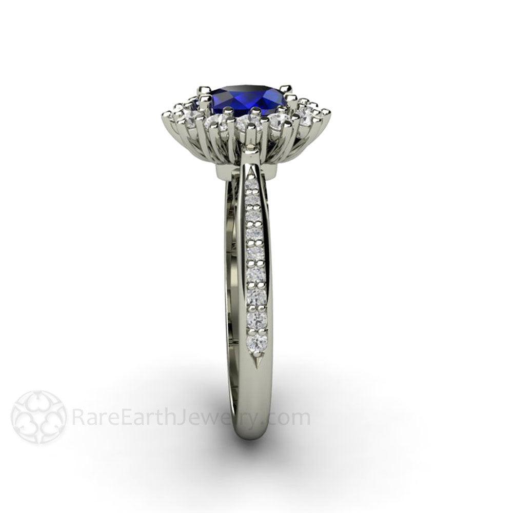Natural Oval Blue Sapphire Engagement Ring Diamond Halo and Accents, Rare Earth Jewelry