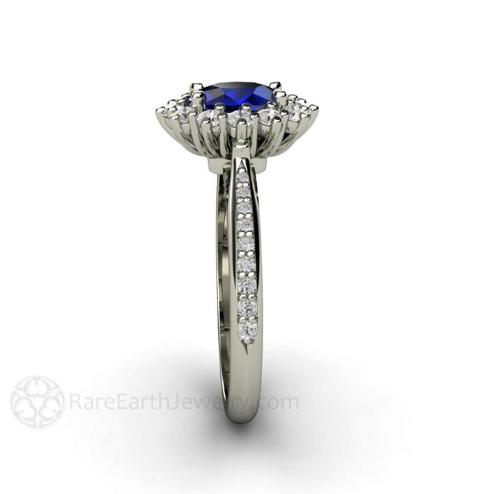 Natural Oval Blue Sapphire Engagement Ring Diamond Halo and Accents, Rare Earth Jewelry