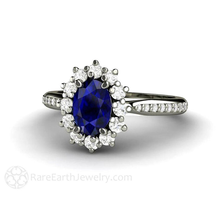 Natural Oval Blue Sapphire Engagement Ring Diamond Halo and Accents, Rare Earth Jewelry