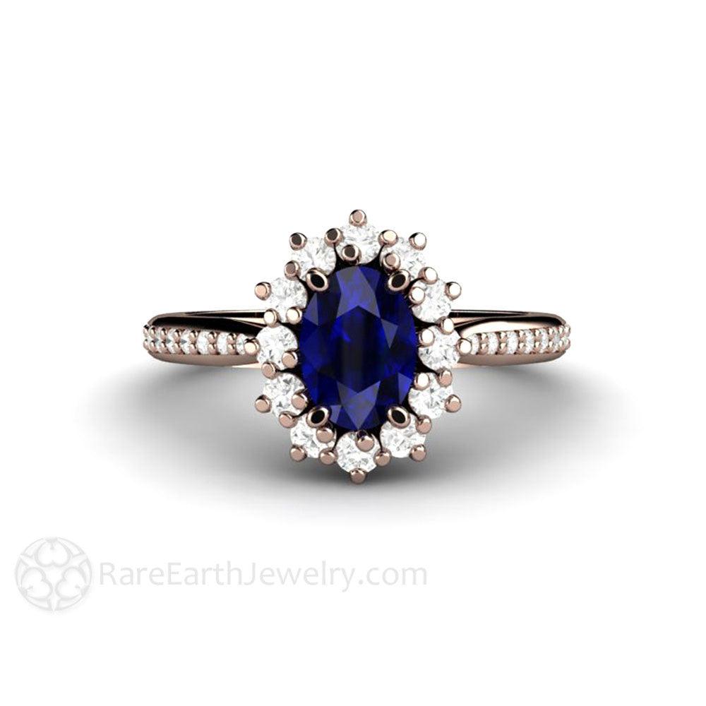 Natural Oval Blue Sapphire Engagement Ring Diamond Halo and Accents, Rare Earth Jewelry