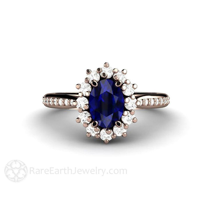 Natural Oval Blue Sapphire Engagement Ring Diamond Halo and Accents, Rare Earth Jewelry
