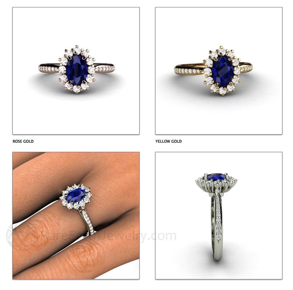 Natural Oval Blue Sapphire Engagement Ring Diamond Halo and Accents, Rare Earth Jewelry