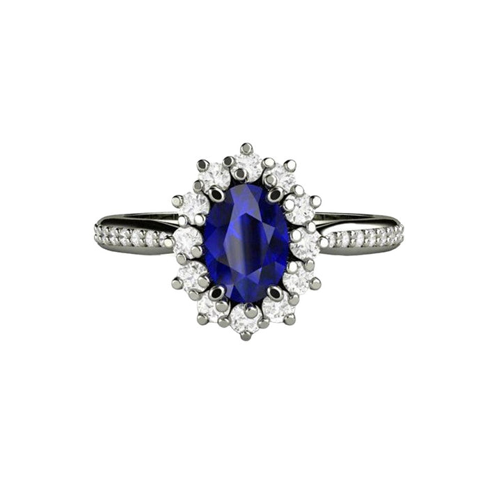 Natural Oval Blue Sapphire Engagement Ring Diamond Halo and Accents, Rare Earth Jewelry