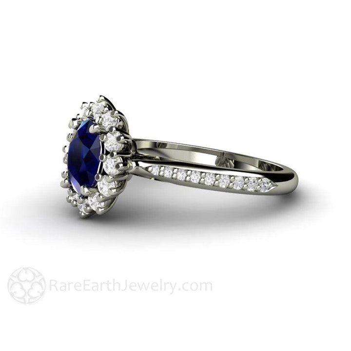 Natural Oval Blue Sapphire Engagement Ring Diamond Halo and Accents, Rare Earth Jewelry