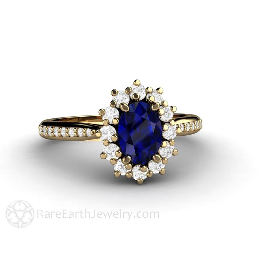 Natural Oval Blue Sapphire Engagement Ring Diamond Halo and Accents, Rare Earth Jewelry