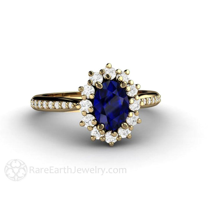 Natural Oval Blue Sapphire Engagement Ring Diamond Halo and Accents, Rare Earth Jewelry