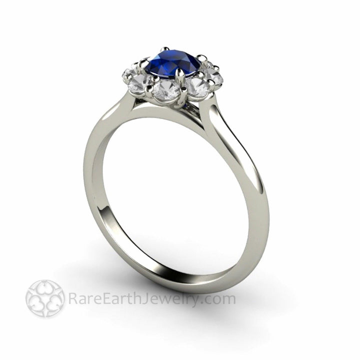 Natural Blue Sapphire Engagement Ring Flower Shaped Design with Diamonds, Rare Earth Jewelry