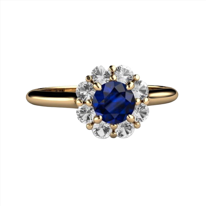 Natural Blue Sapphire Engagement Ring Flower Shaped Design with Diamonds, Rare Earth Jewelry