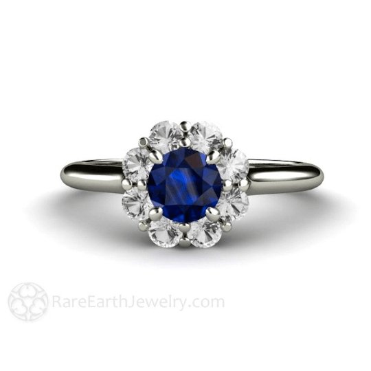 Natural Blue Sapphire Engagement Ring Flower Shaped Design with Diamonds, Rare Earth Jewelry