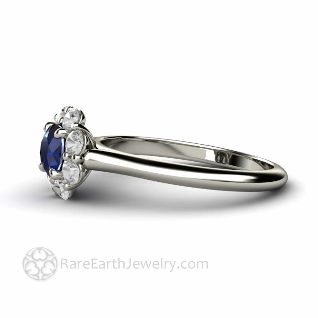 Natural Blue Sapphire Engagement Ring Flower Shaped Design with Diamonds, Rare Earth Jewelry