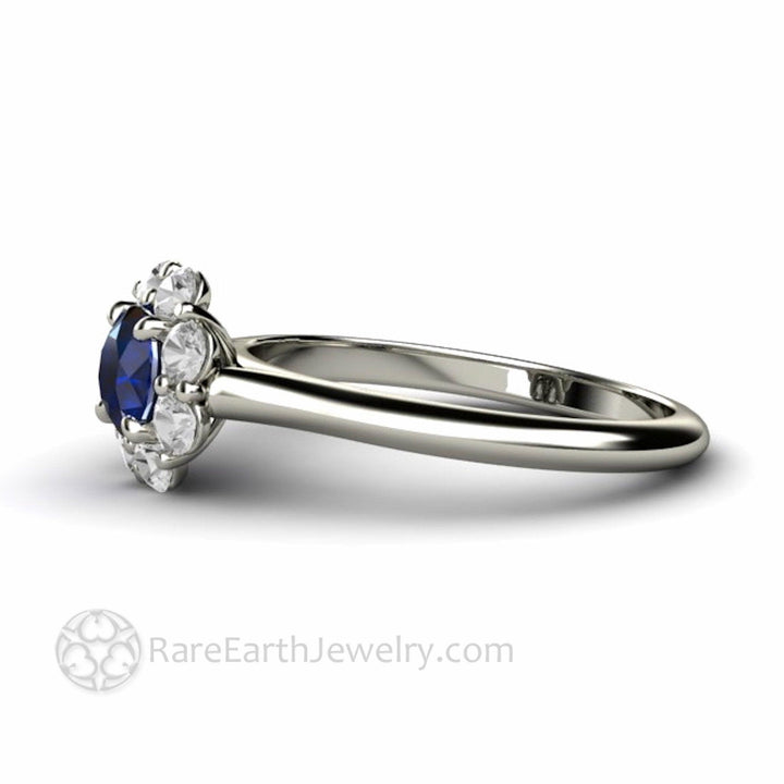 Natural Blue Sapphire Engagement Ring Flower Shaped Design with Diamonds, Rare Earth Jewelry