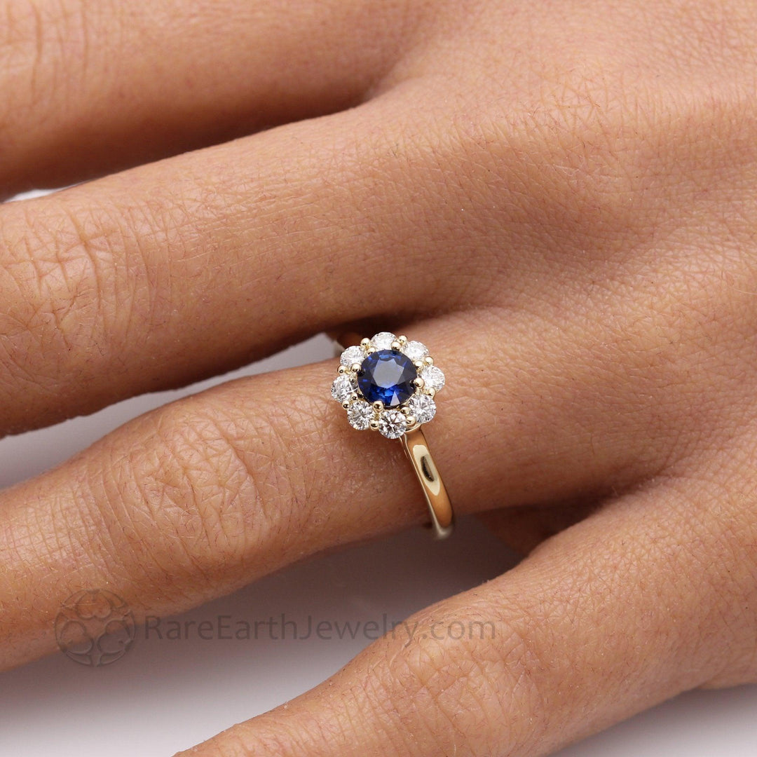 Natural Blue Sapphire Engagement Ring Flower Shaped Design with Diamonds, Rare Earth Jewelry