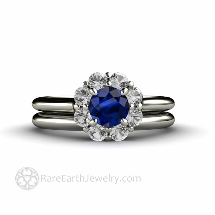 Natural Blue Sapphire Engagement Ring Flower Shaped Design with Diamonds, Rare Earth Jewelry