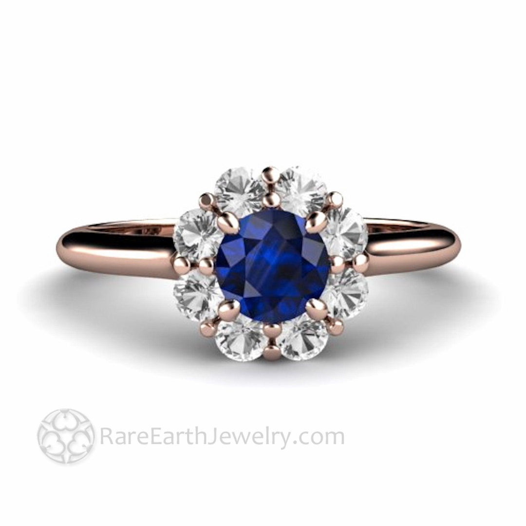 Natural Blue Sapphire Engagement Ring Flower Shaped Design with Diamonds, Rare Earth Jewelry
