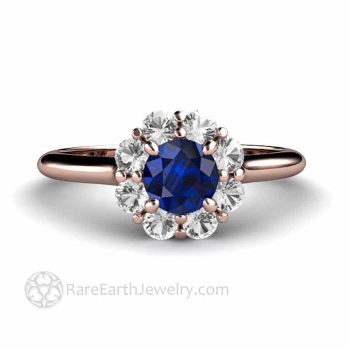 Natural Blue Sapphire Engagement Ring Flower Shaped Design with Diamonds, Rare Earth Jewelry