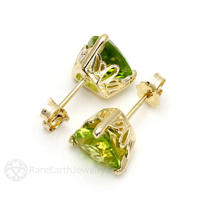 Natural Peridot Earrings Trillion Cut Peridot Studs 14K Gold Floral Posts, Rare Earth Jewelry