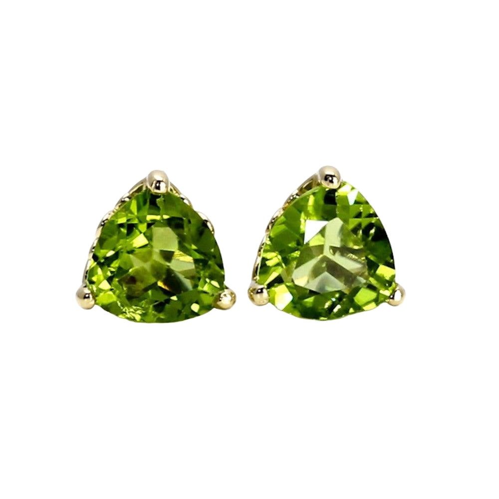 Natural Peridot Earrings Trillion Cut Peridot Studs 14K Gold Floral Posts, Rare Earth Jewelry