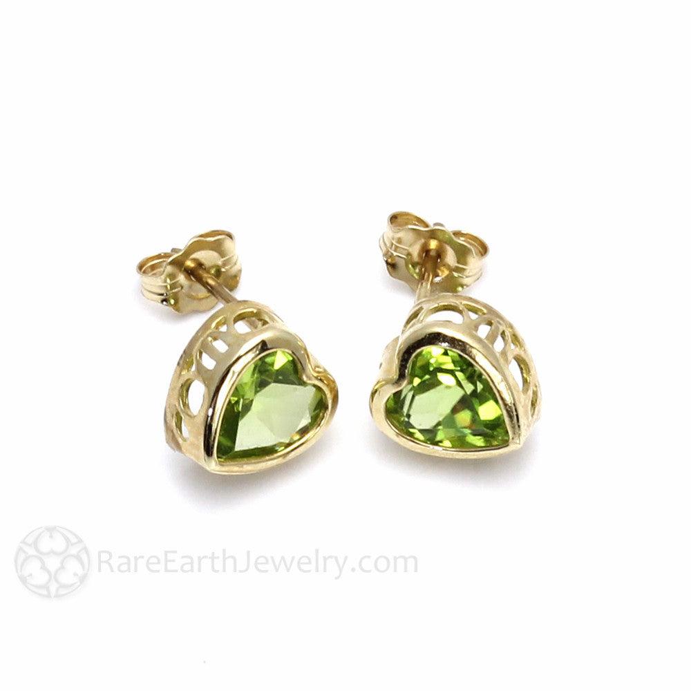 Natural Peridot Earrings 14K Gold Heart Shaped Studs August Birthstone, Rare Earth Jewelry