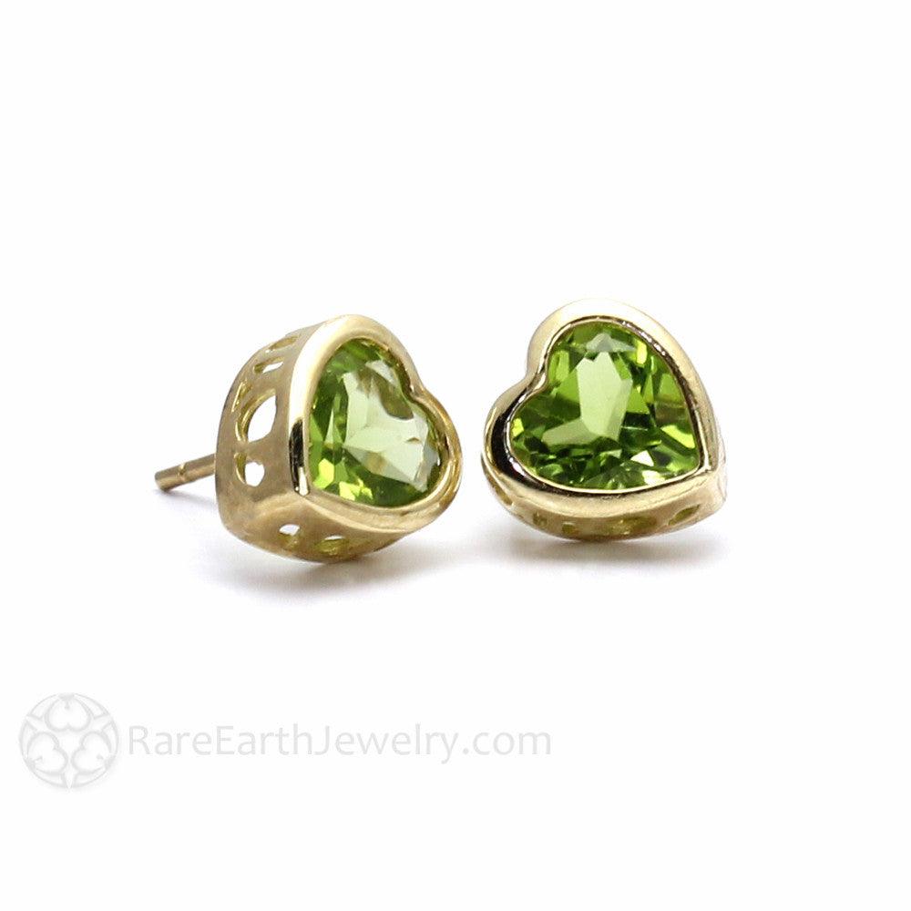 Natural Peridot Earrings 14K Gold Heart Shaped Studs August Birthstone, Rare Earth Jewelry
