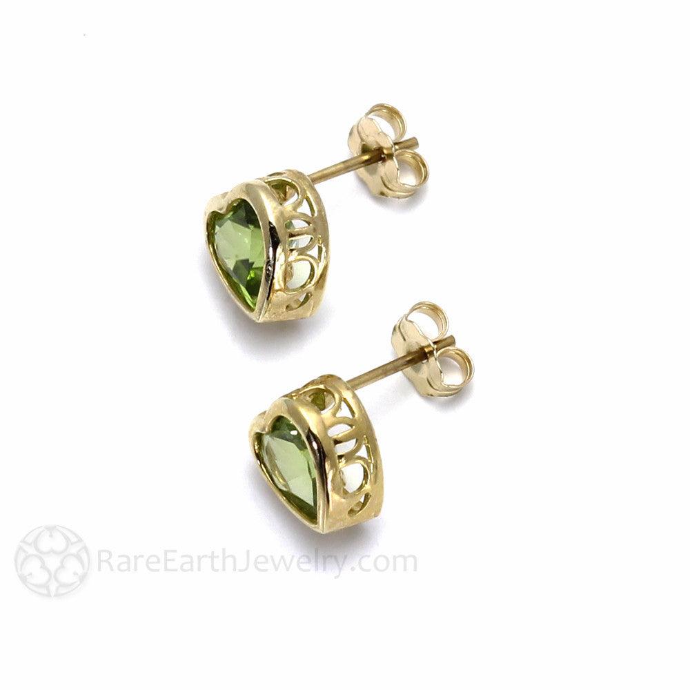 Natural Peridot Earrings 14K Gold Heart Shaped Studs August Birthstone, Rare Earth Jewelry