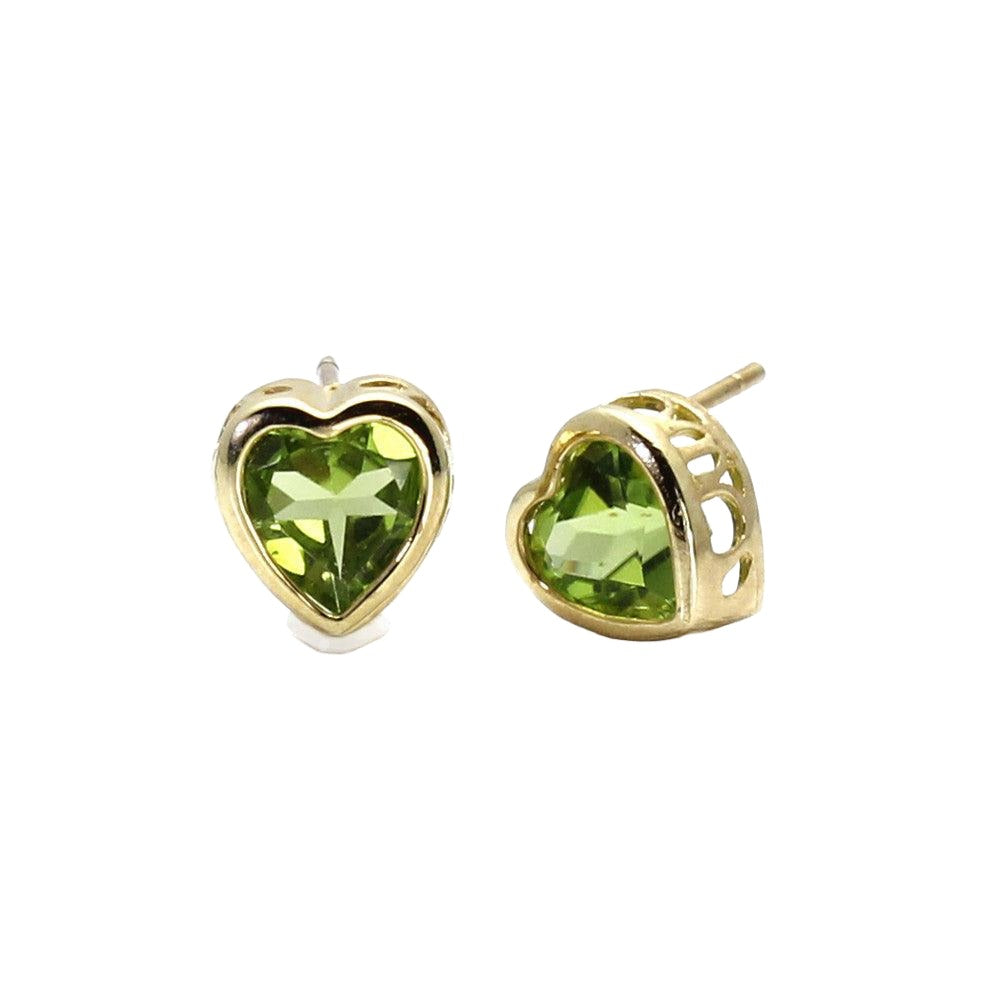 Natural Peridot Earrings 14K Gold Heart Shaped Studs August Birthstone, Rare Earth Jewelry