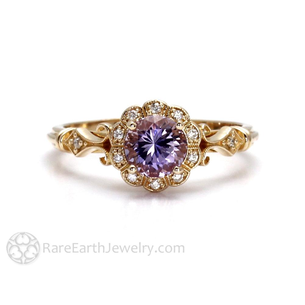 Natural Purple Sapphire Ring Art Deco Design with Diamonds, Rare Earth Jewelry