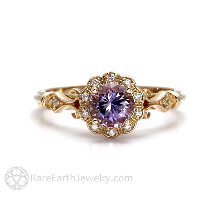 Natural Purple Sapphire Ring Art Deco Design with Diamonds, Rare Earth Jewelry