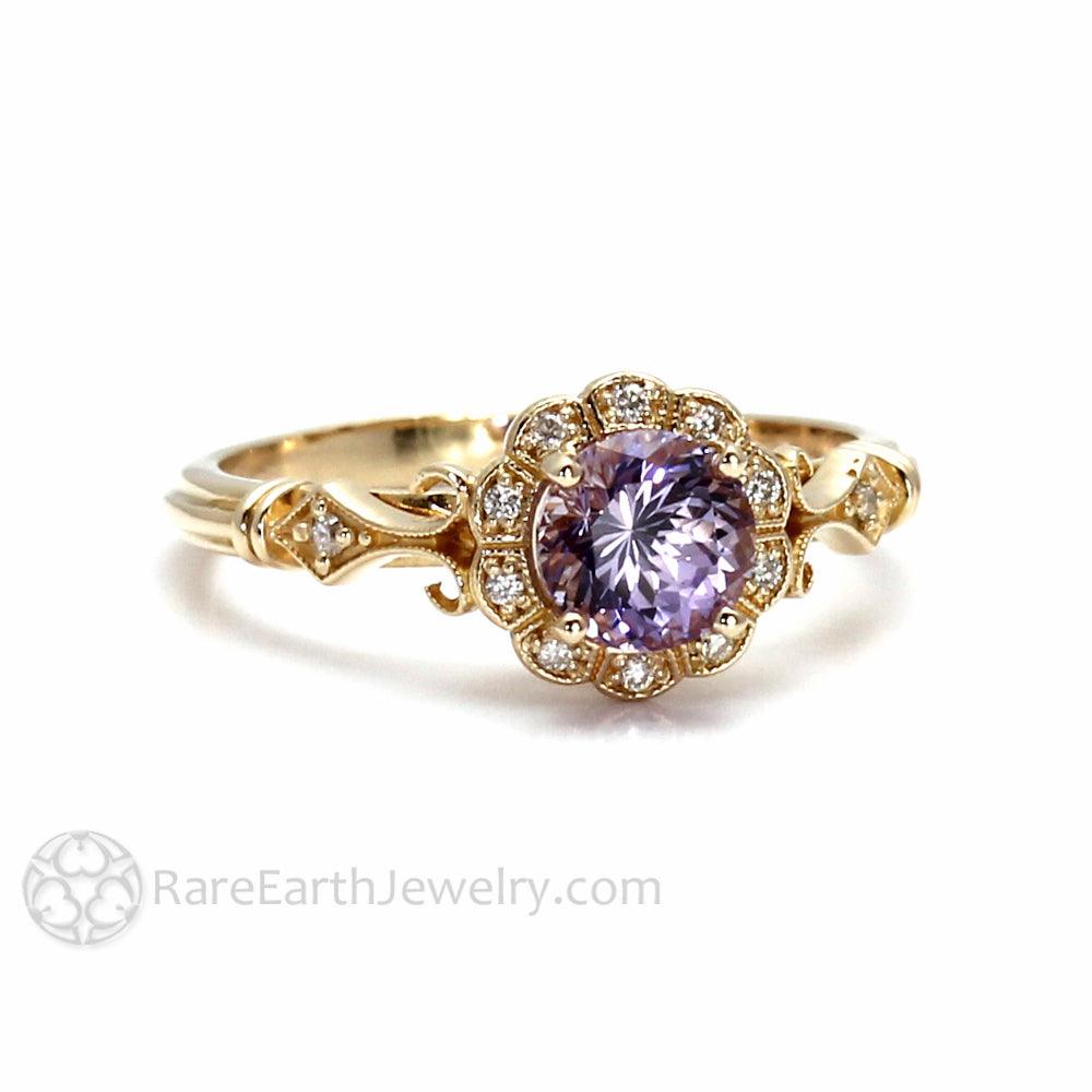 Natural Purple Sapphire Ring Art Deco Design with Diamonds, Rare Earth Jewelry
