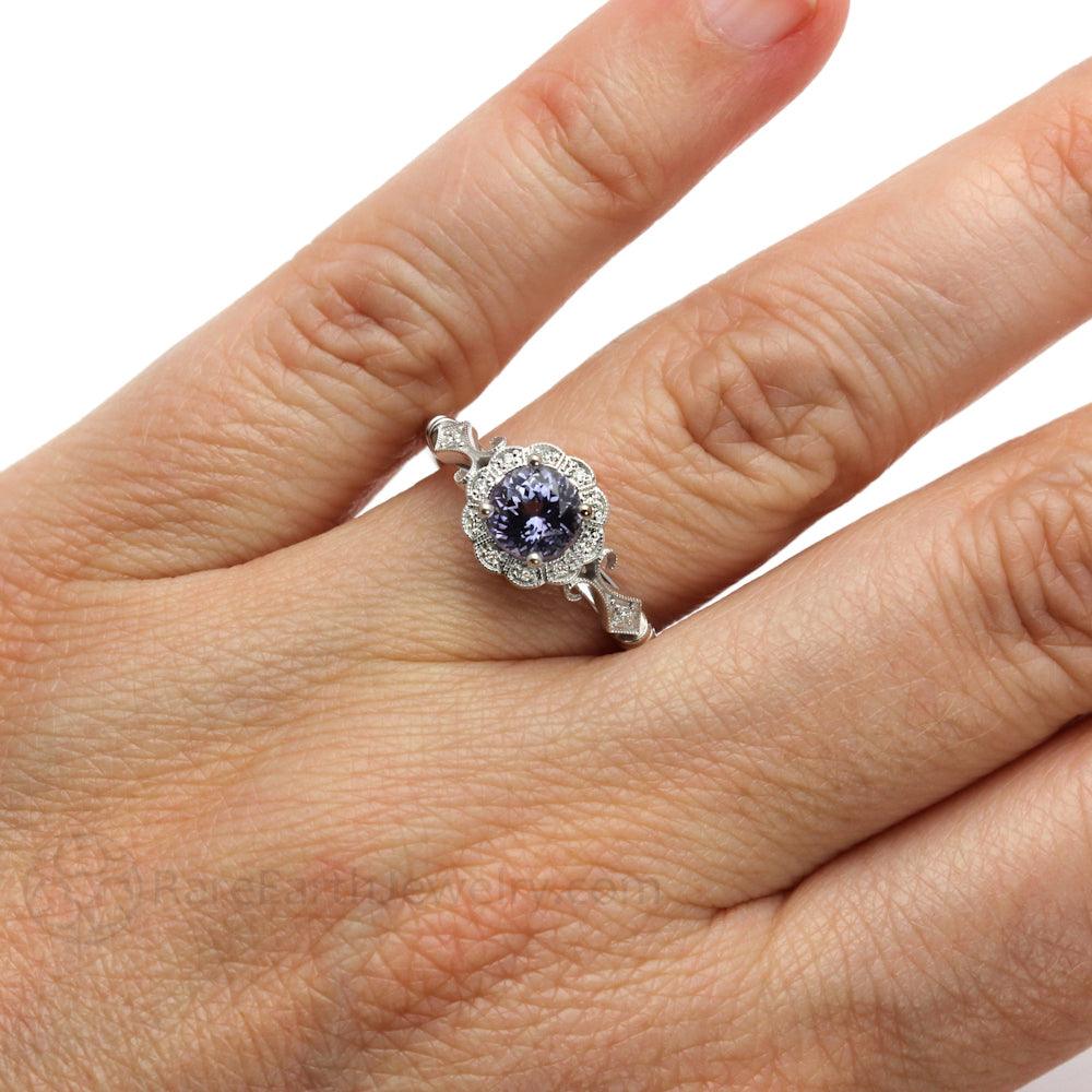 Vintage Style Purple Sapphire Engagement Ring Art Deco Halo, Rare Earth Jewelry