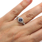 Natural Purple Sapphire Ring Vintage Style Art Deco Halo 18K White Gold - Rare Earth Jewelry