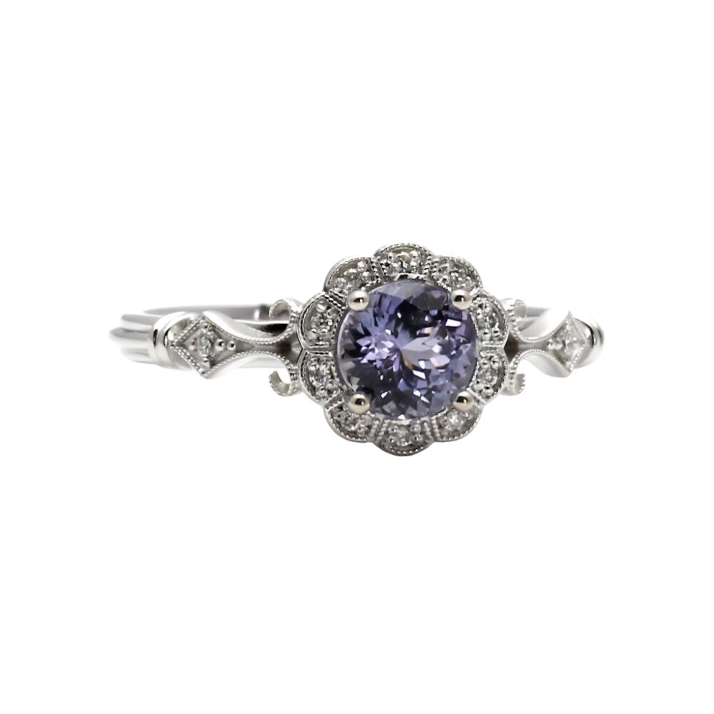 Vintage Style Purple Sapphire Engagement Ring Art Deco Halo, Rare Earth Jewelry