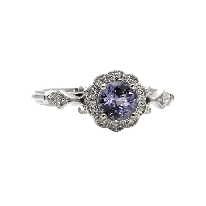 Vintage Style Purple Sapphire Engagement Ring Art Deco Halo, Rare Earth Jewelry