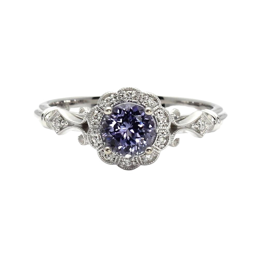 Vintage Style Purple Sapphire Engagement Ring Art Deco Halo, Rare Earth Jewelry