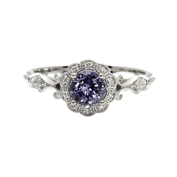 Vintage Style Purple Sapphire Engagement Ring Art Deco Halo, Rare Earth Jewelry