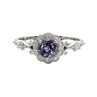 Natural Purple Sapphire Ring Vintage Style Art Deco Halo 14K White Gold - Rare Earth Jewelry