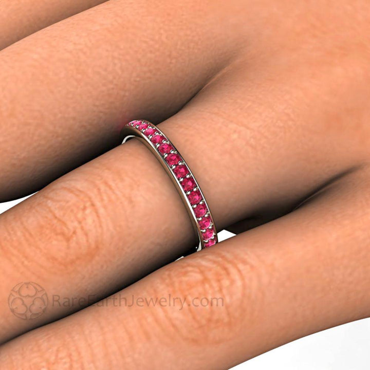Natural Ruby Band shown on the Hand, Ruby Wedding Ring or Stacking Ring in Gold or Platinum July Birthstone, Rare Earth Jewelry