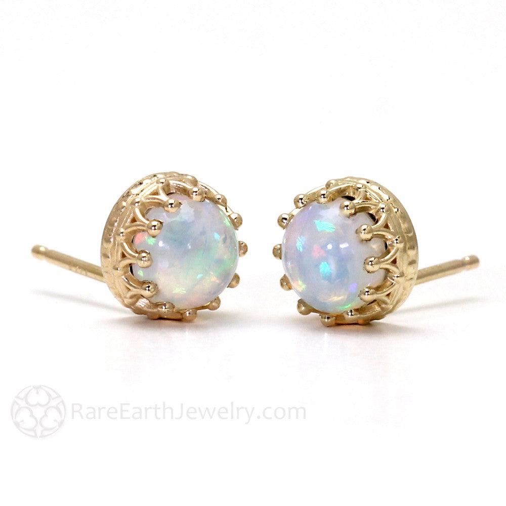Opal Earrings 14K Gold Crown Design Studs October Birthstone, Rare Earth Jewelry
