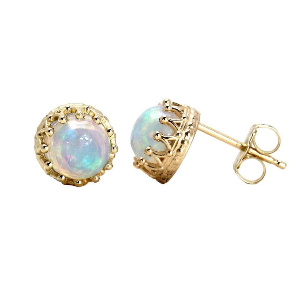 Opal Earrings 14K Gold Crown Design Studs October Birthstone, Rare Earth Jewelry