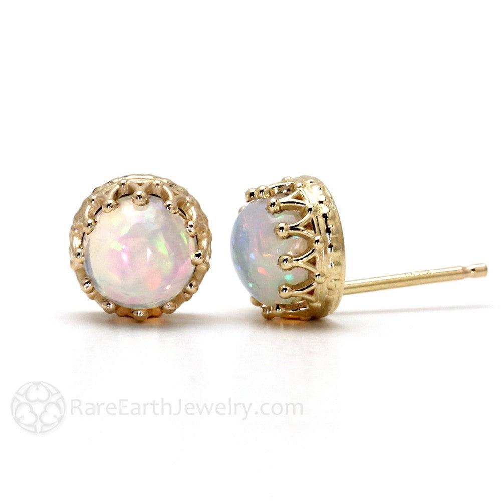 Opal Earrings 14K Gold Crown Design Studs October Birthstone, Rare Earth Jewelry